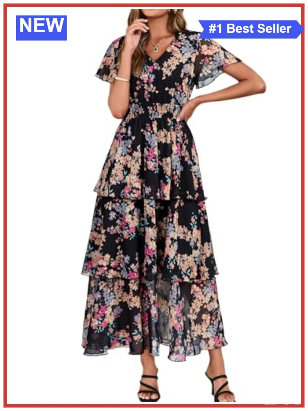 Floral Chiffon Maxi Dress Boho Tiered V Neck Short Sleeve Wedding Guest